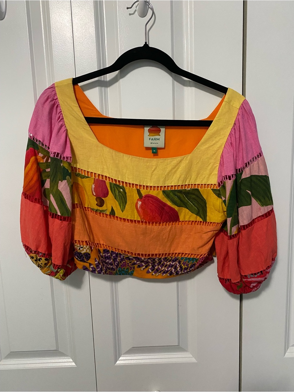 FARM Rio Colorblock Tropical Puff-Sleeve Crop Top - Pink, Yellow, Orange, Green